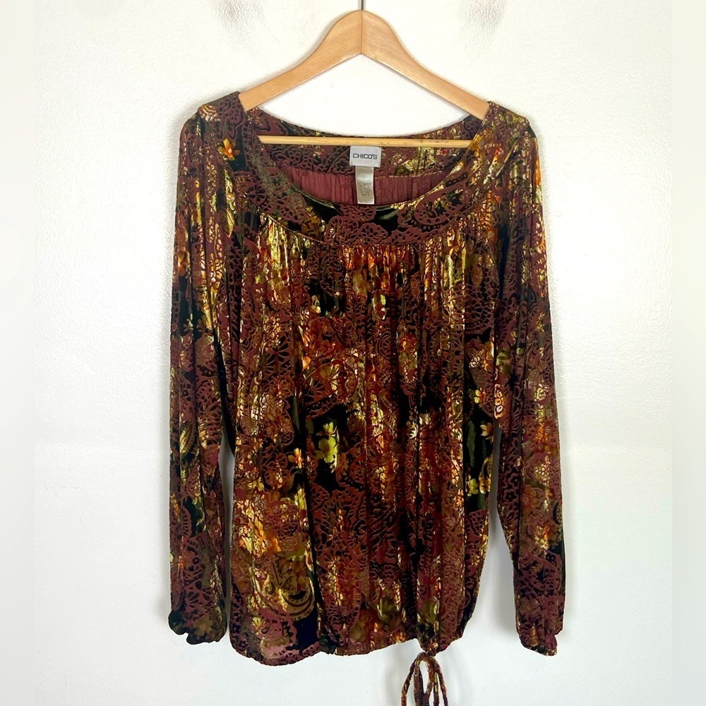 Chico's Burnout Velvet Top Size 3 US L Floral Long Sleeve Semi Sheer